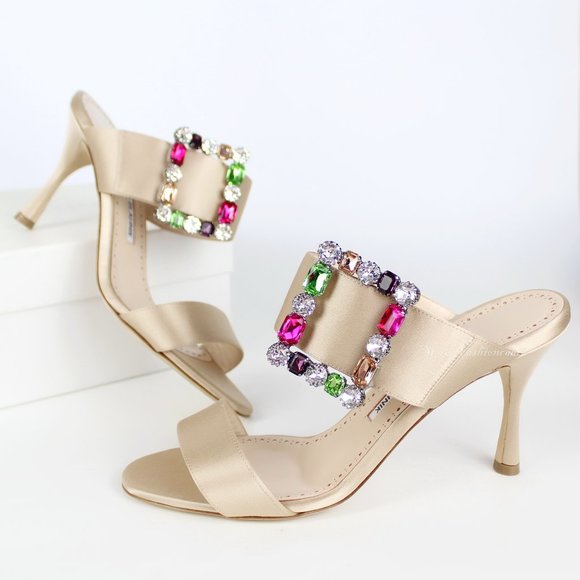 NEW MANOLO BLAHNIK Verda 90 Satin Heels – Jewel Buckle Wedding Sandals - Picture 1 of 16